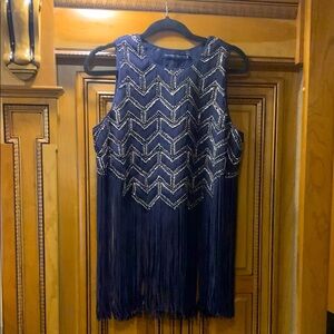Rohit Gandi + Rahul Khanna Navy Blue Crepe Fringe Top Size Medium